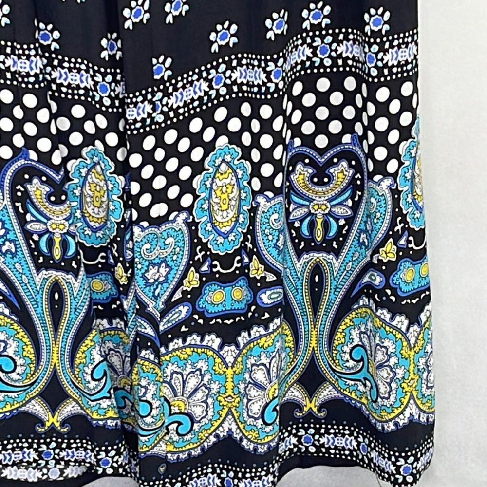 Boho Print Palazzo Pants Black Blue Aqua Yellow Paisley - Picture 2 of 4